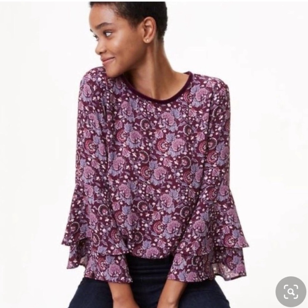 Loft Large Dahlia Top Velvet Trim Bell Sleeve Top Plum Purple